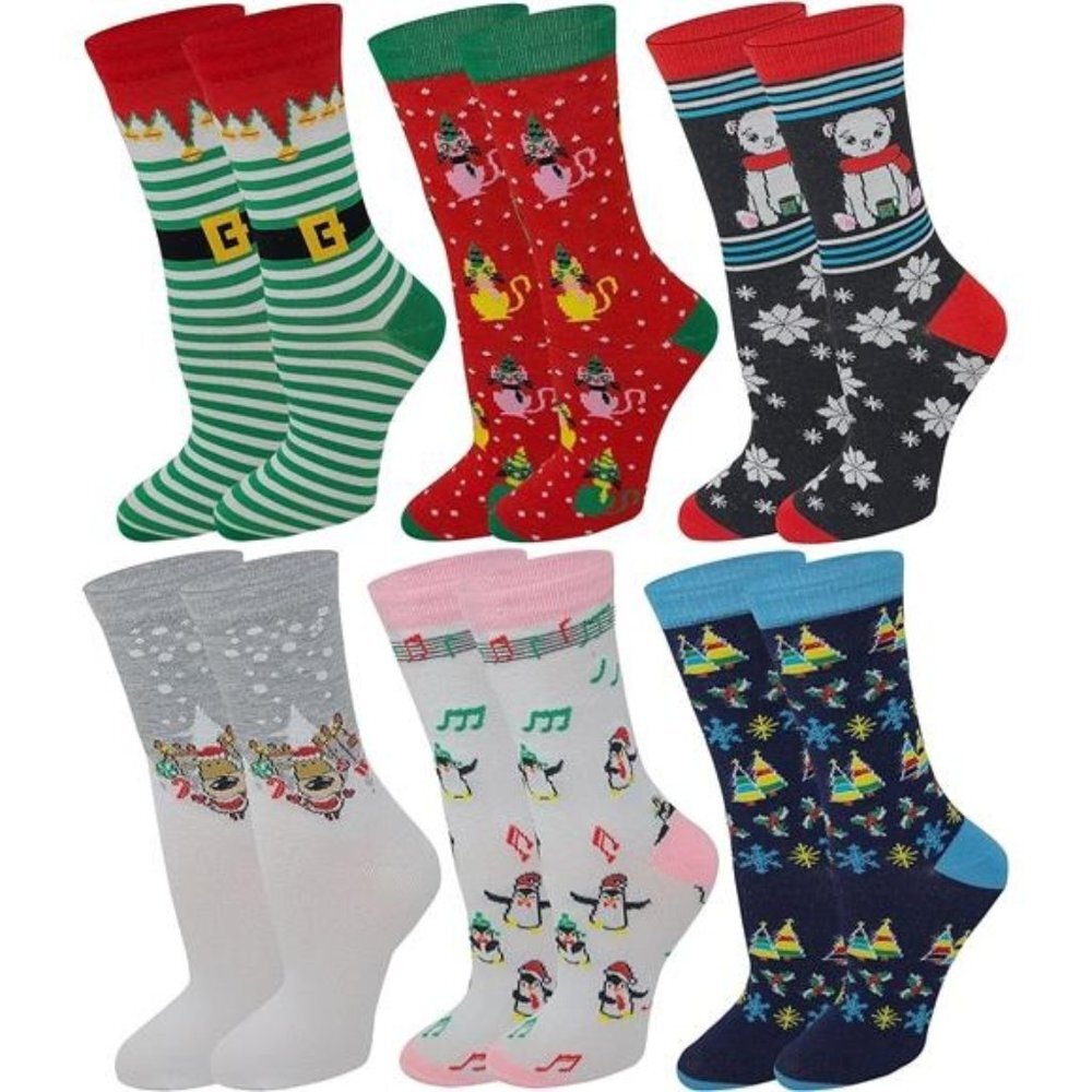Women Stretchy Novelty Crew Colorful Fancy Crazy Design Soft Socks 6 Pairs